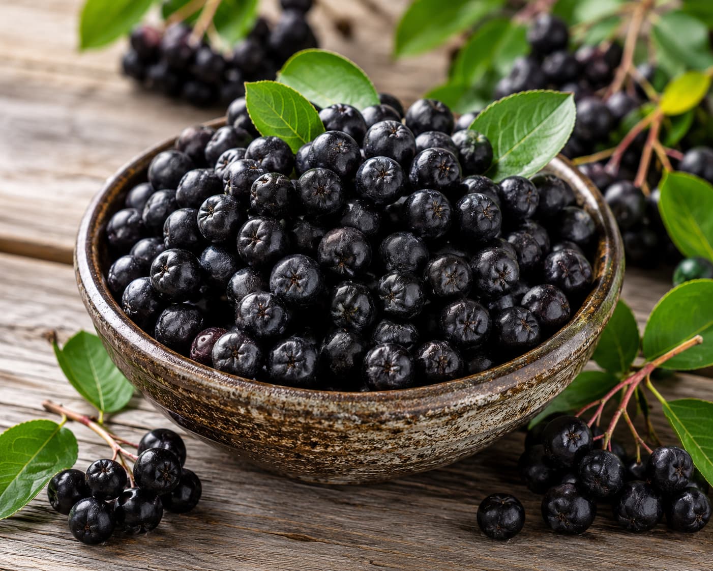 A bowl of fresh aronia berries